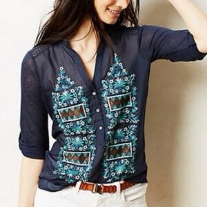 Tiny by Anthropologie Larimar Embroidered Henley Navy Small